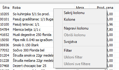 Kontekstni meni naslova kolona