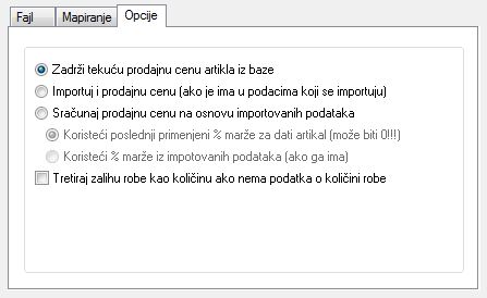 Opcije importovanja podataka
