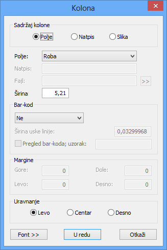 Svojstva kolone tabele
