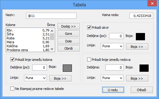 Uređivanje šablona - tabela